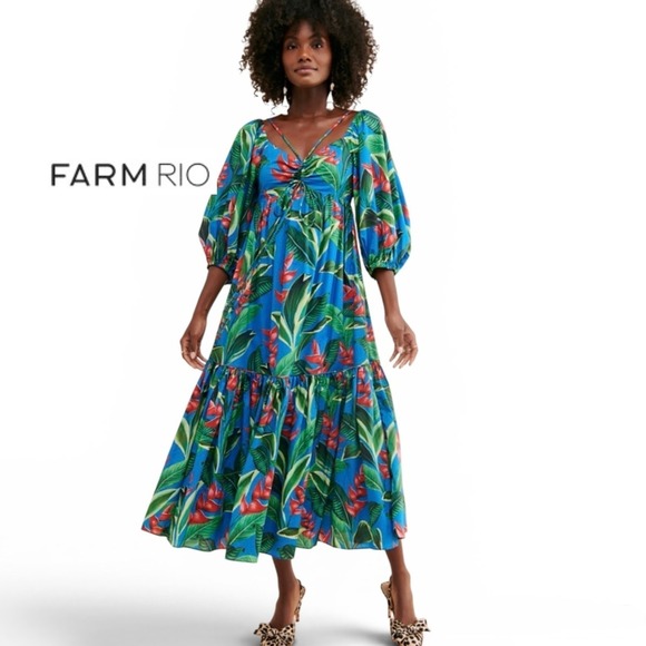 FARM Rio Dresses & Skirts - Farm Rio Blue Tropical Botanical Print Beaded Tiered Midi Dress Large